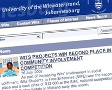 Screenshot of University of Witwatersrand homepage