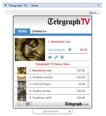 Screenshot of Telegraph TV news widget