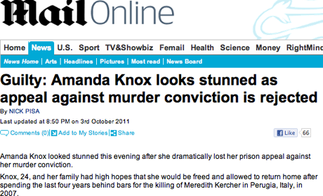 Daily Mail criticised over Amanda Knox guilty story