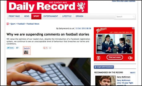 Daily Record suspends comments on football articles
