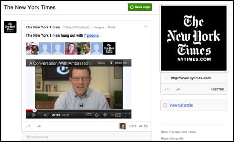 NYT opinion team experiments with Google+ Hangout